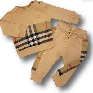 Beige Plaid Trim Kids Matching Set - Stylish Two-Piece Outfit